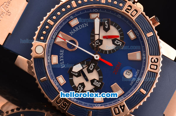 Ulysse Nardin Maxi Marine Diver Chrono OS20 Miyota Quartz Rose Gold Case with Blue Dial and Blue Rubber Strap - 7750 Coating - Click Image to Close